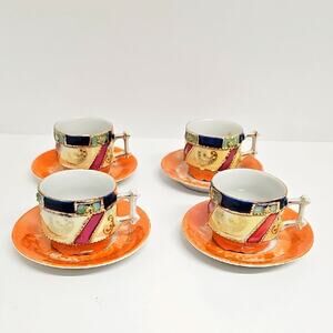 Made in Germany Colorful Lucky 7 Porcelain Mini Tea Cups w/Saucers Set of 4
